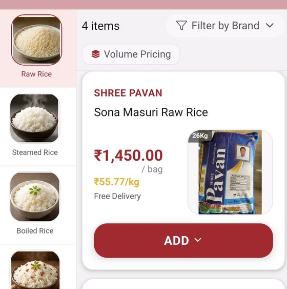 A product list in Tokieo, filtered by brand, showing price per bag and per kilo